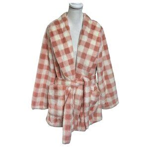 APPARIS Gingham Teddy Coat Women's Small Medium‎ Pink Belted Sherpa Oversized